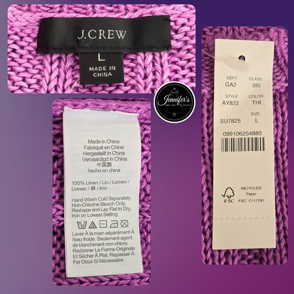 J. Crew NWT Purple Linen Ribbed Knit Short Puff Sleeve Sweater Size Large - Picture 9 of 11